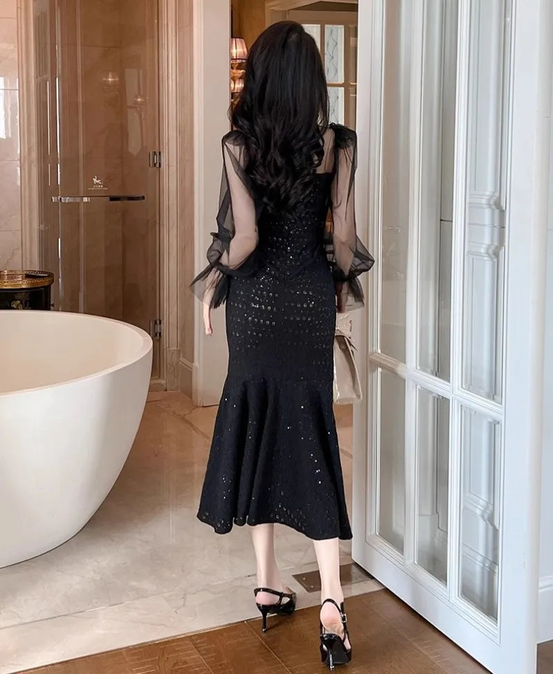 Bling Mesh Black Trumpet Dress