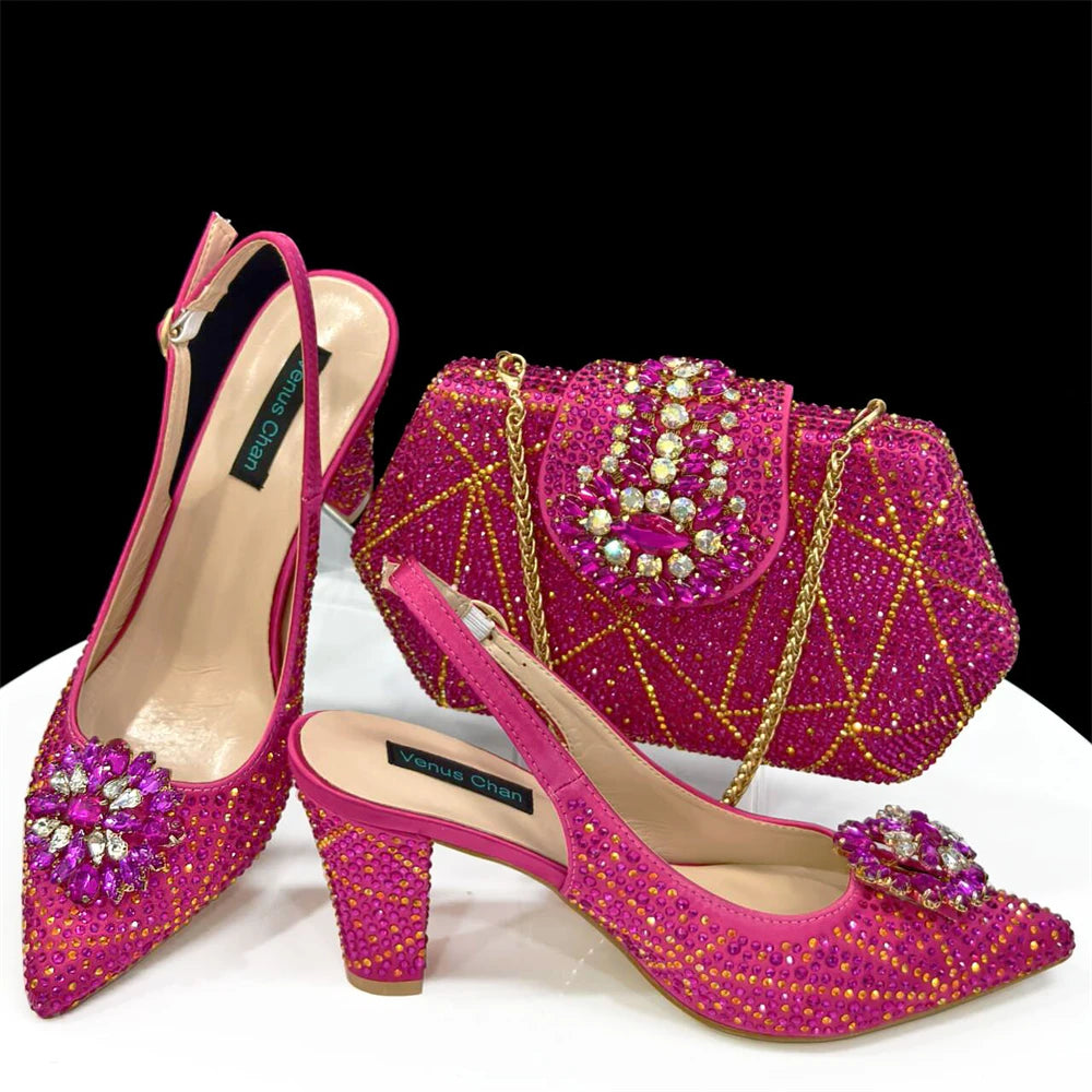 Italian Design Slingback Shoes And Bag Set Decorated with Rhinestone