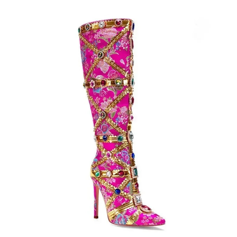 European Colorful RhinestoneEmbroidery Pointed Boots