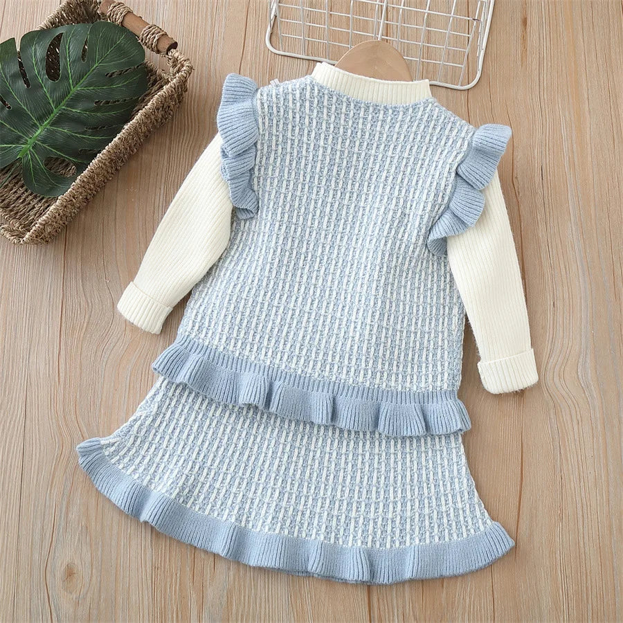 Girls Knitted Woolen Jersey Sweaters Vest Skirts 3pcs Dress Suit