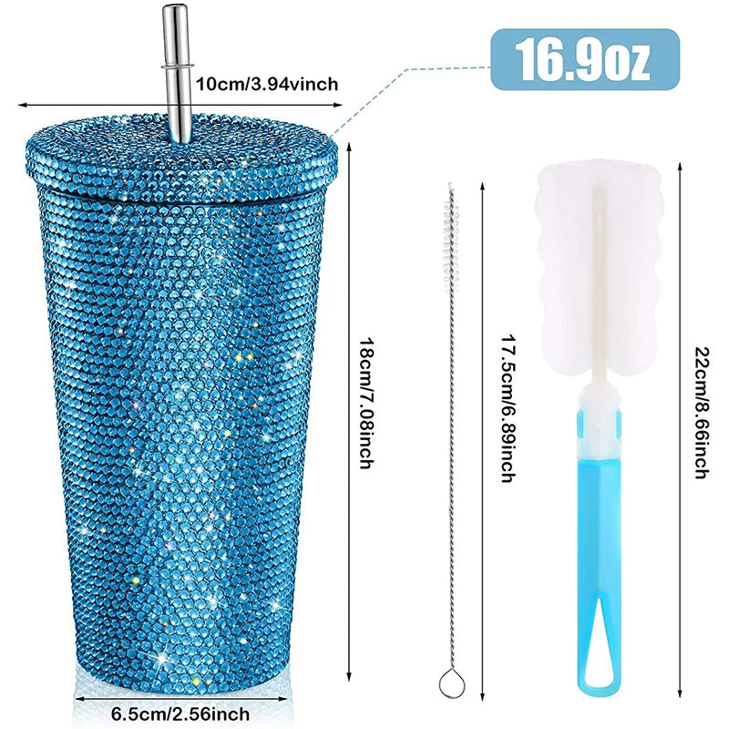 500ml Straw Cup With Lid Reusable Rhinestone Stainless Steel Double Layer Thermos Cups