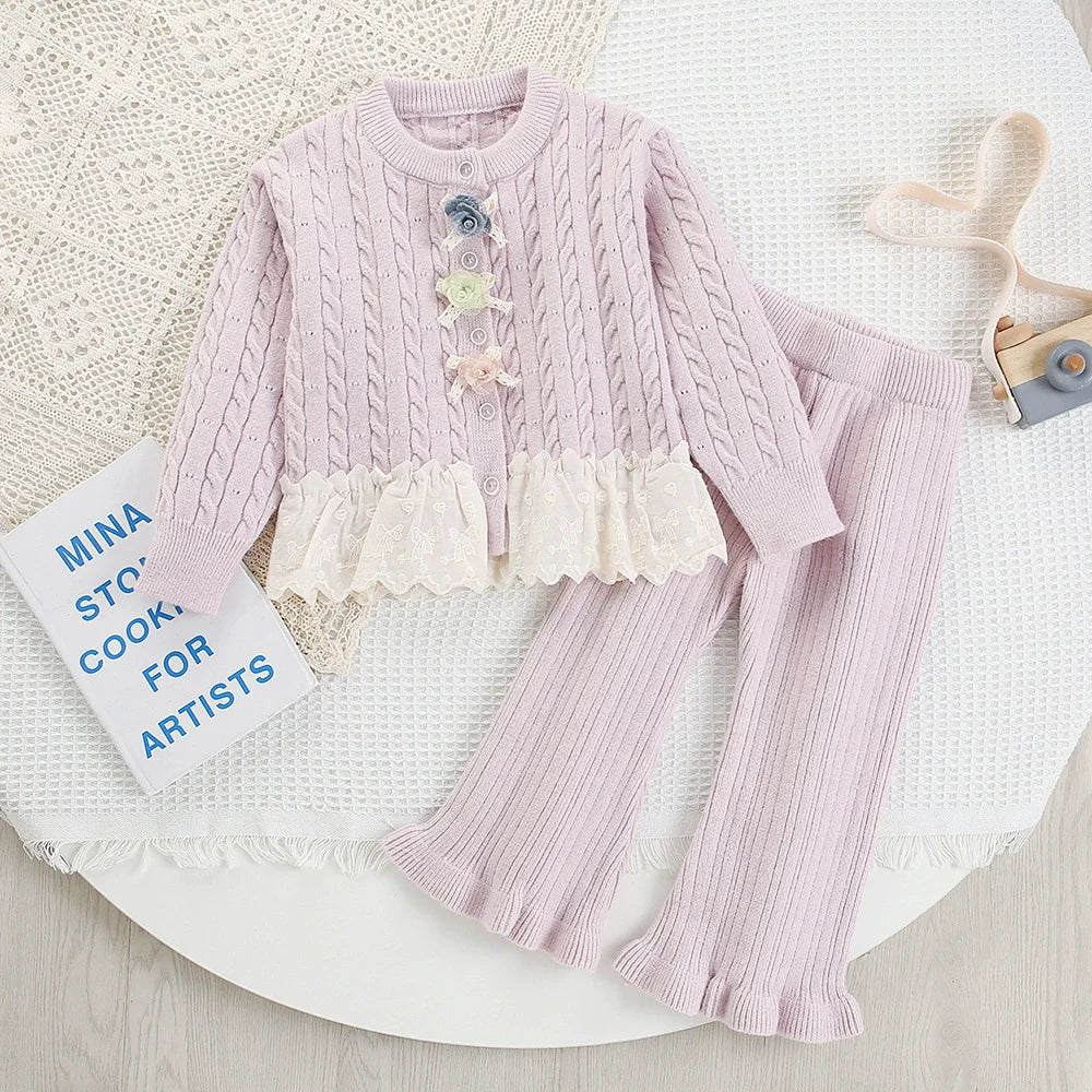 Girls Cardigan with Lace Hem Knitted Sweater Set