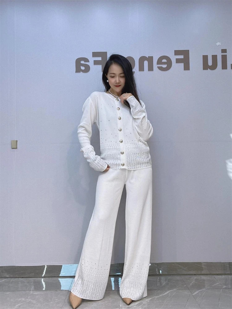 Diamond Studded Knitted Cardigan Sweater Wide Leg PantsTwo Piece Sets