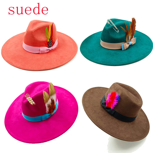 Wide Brim Feather Suede Fedora Hat Heart Top 9.5cm