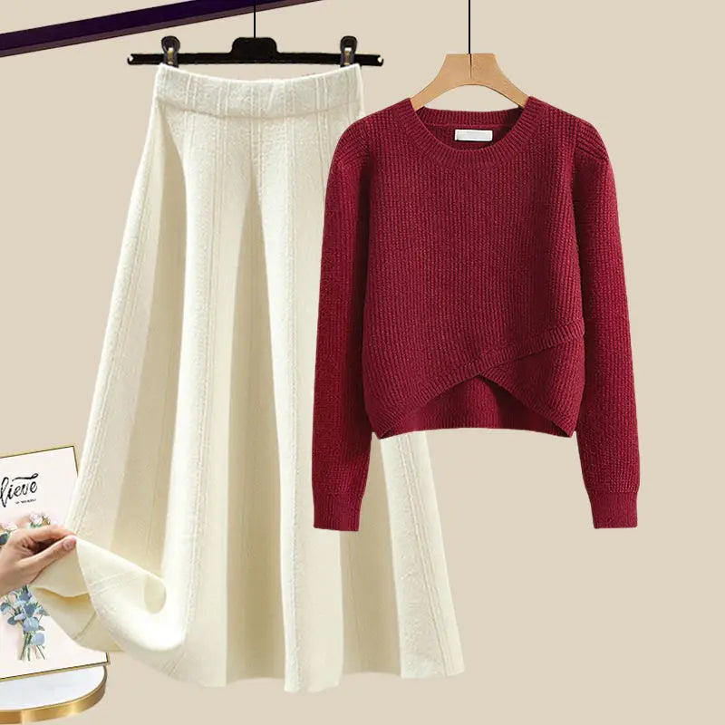 Knitted Sweater Half Skirt Maillard Dressing Set