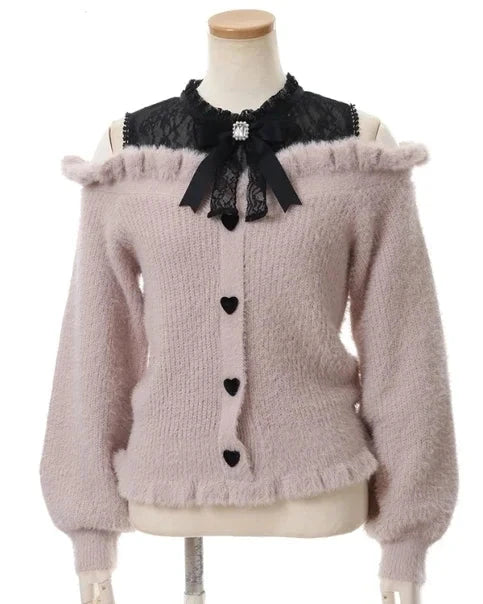 Sweet Lolita Off Shoulder Long Sleeve Knitwear Bow Lace Waist Slim Sweater