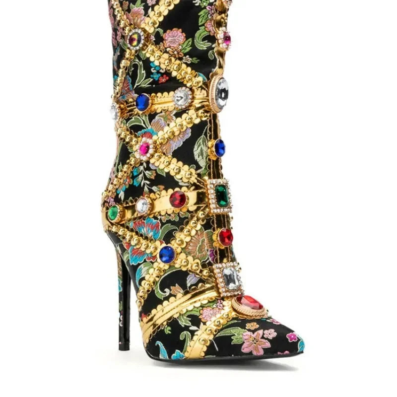 European Colorful RhinestoneEmbroidery Pointed Boots