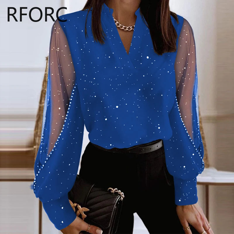 Glitter V Neck Contrast Mesh Patch Rhinestone Long Sleeves Blouse