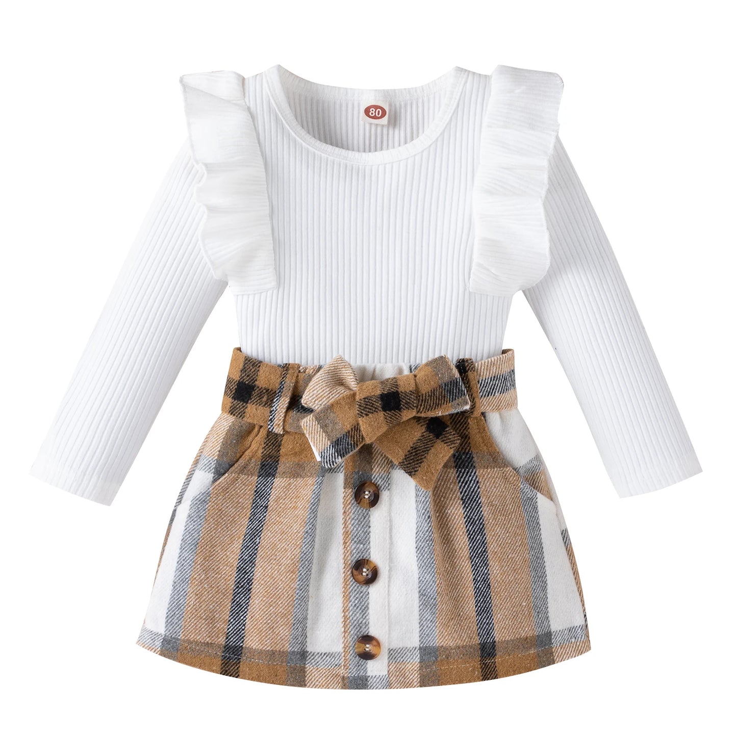 Girl 2Pcs Long Sleeve Knit and Plaid Skirts Set