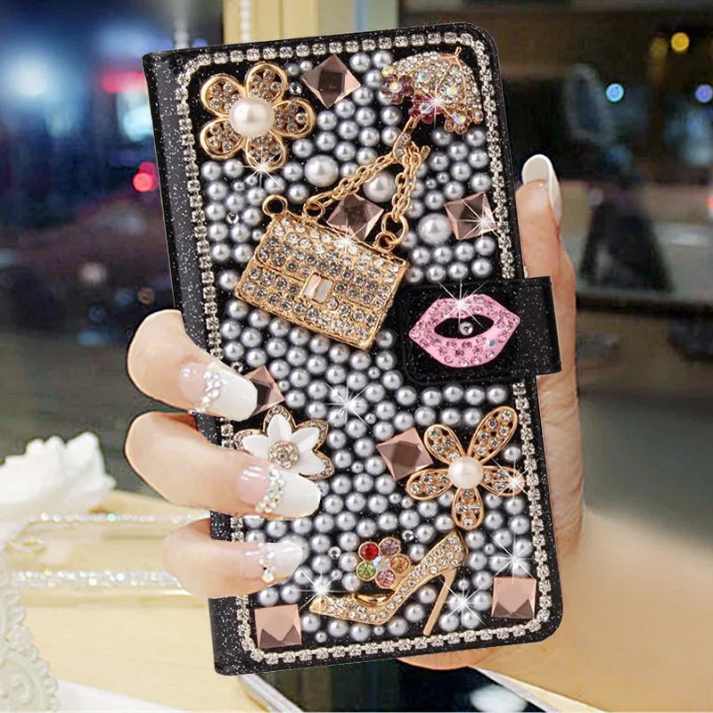 Bling Diamond Rhinestone Flower Case for iPhone 11 12 13 14 15 16 Pro Max XR XS 7 Case Leather Magnetic Flip Wallet Book Cover