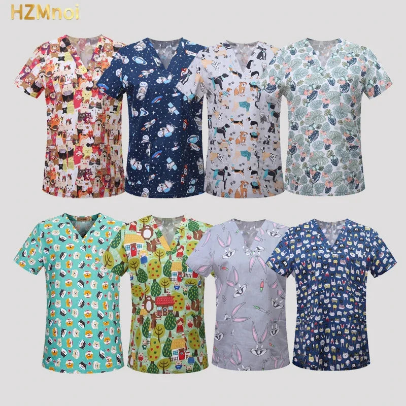 Cotton Print Nurse Scrub Tops