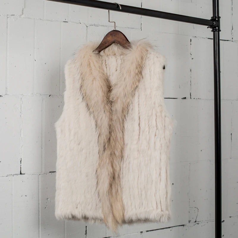 Natural Real Rabbit Fur Vest With Raccoon Fur Collar Jackets