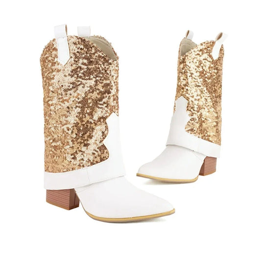 Glitter Sequin Pointed Toe High Heels Western Cowboy Mid Calf Boot