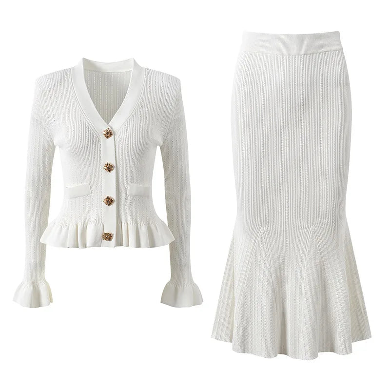 Elegant Flare Sleeve Sweater with Long Mermaid Skirt 2 Piece Knit Set
