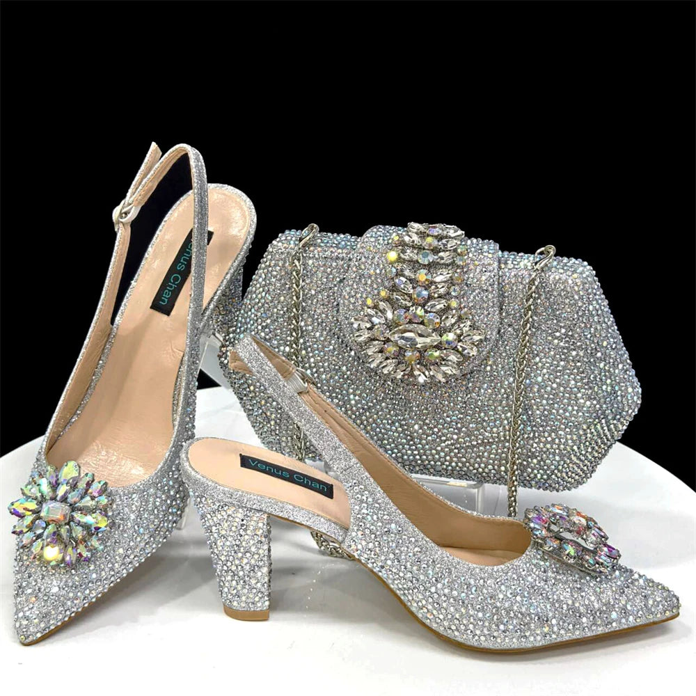 Italian Design Slingback Shoes And Bag Set Decorated with Rhinestone