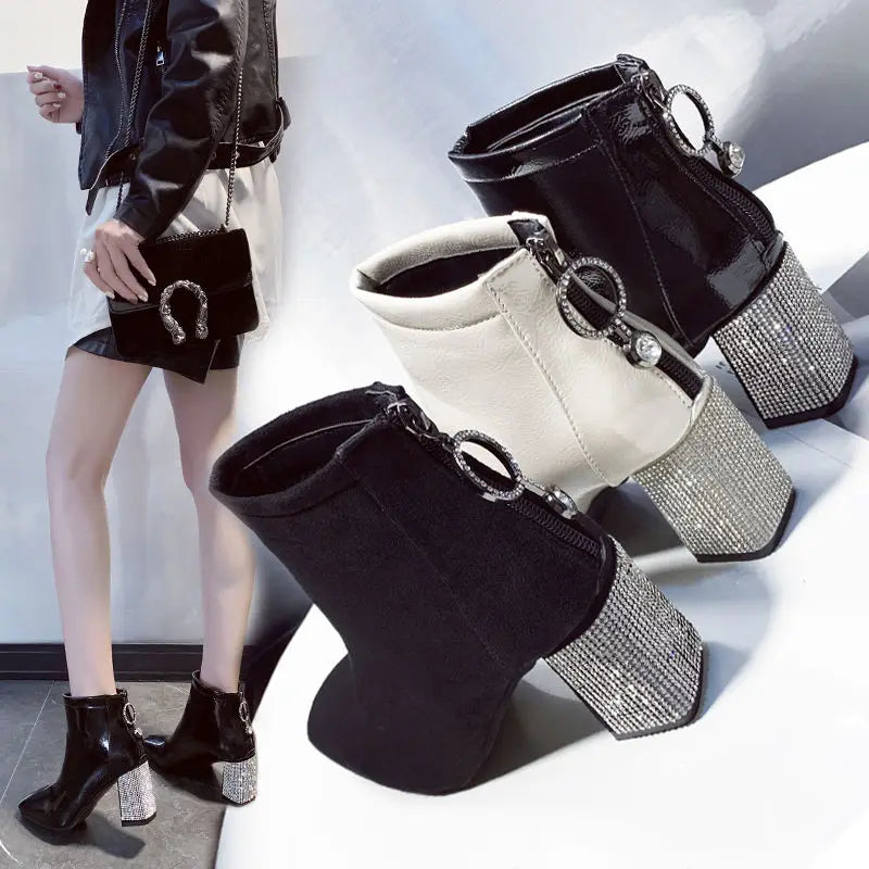 High Heeled Rhinestone Chunky Heel  Booties