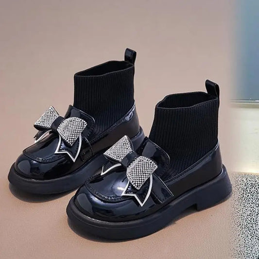 New Children Leather Boots with Rhinestone Bow