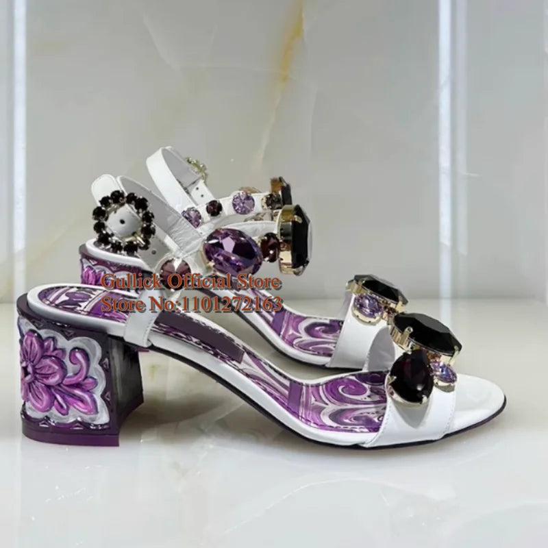 Bohemia Style Rhinestone Gem Chunky Heels Sandals