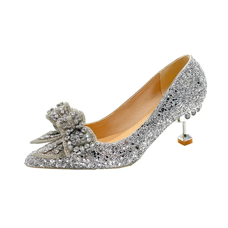 Rhinestone Bow Pump with Decorative Heel