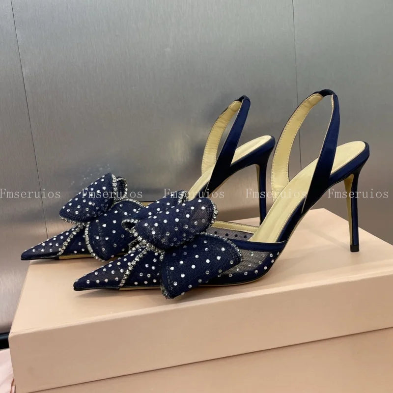 Pointed Toe Stiletto Heel Mesh Rhinestone Bow Elegant Slingbacks