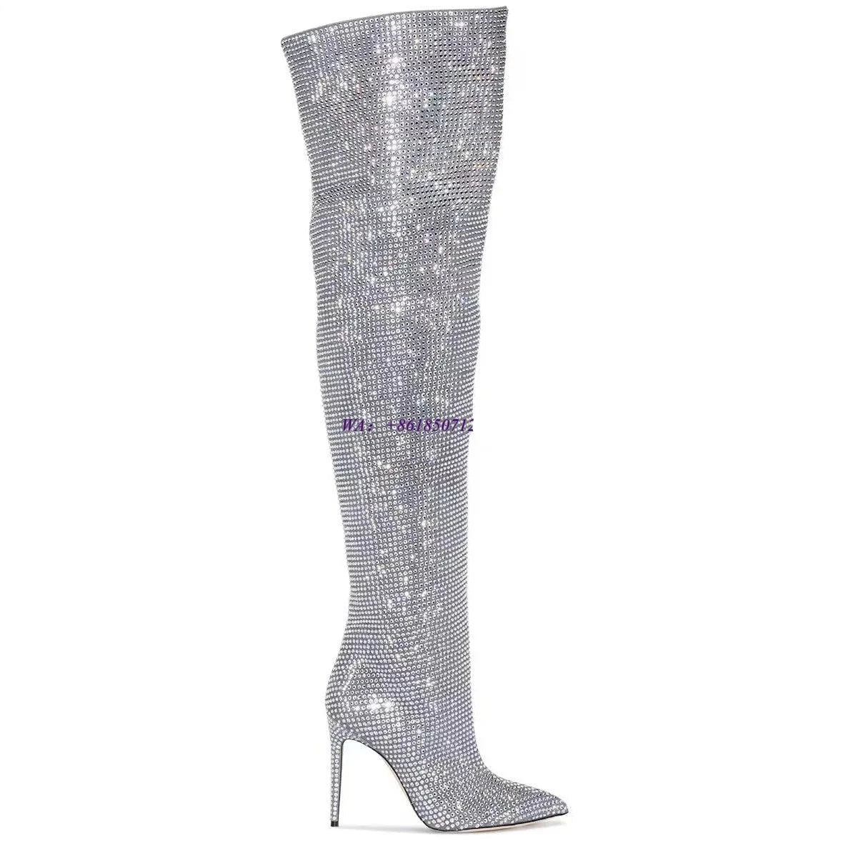 Stylish High-Heeled Rhinestone Pointed Toe Pleated Over-The-Knee Boots