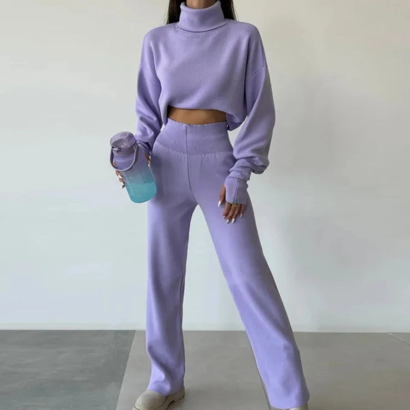 Turtleneck Crop Knitted Sweater Set