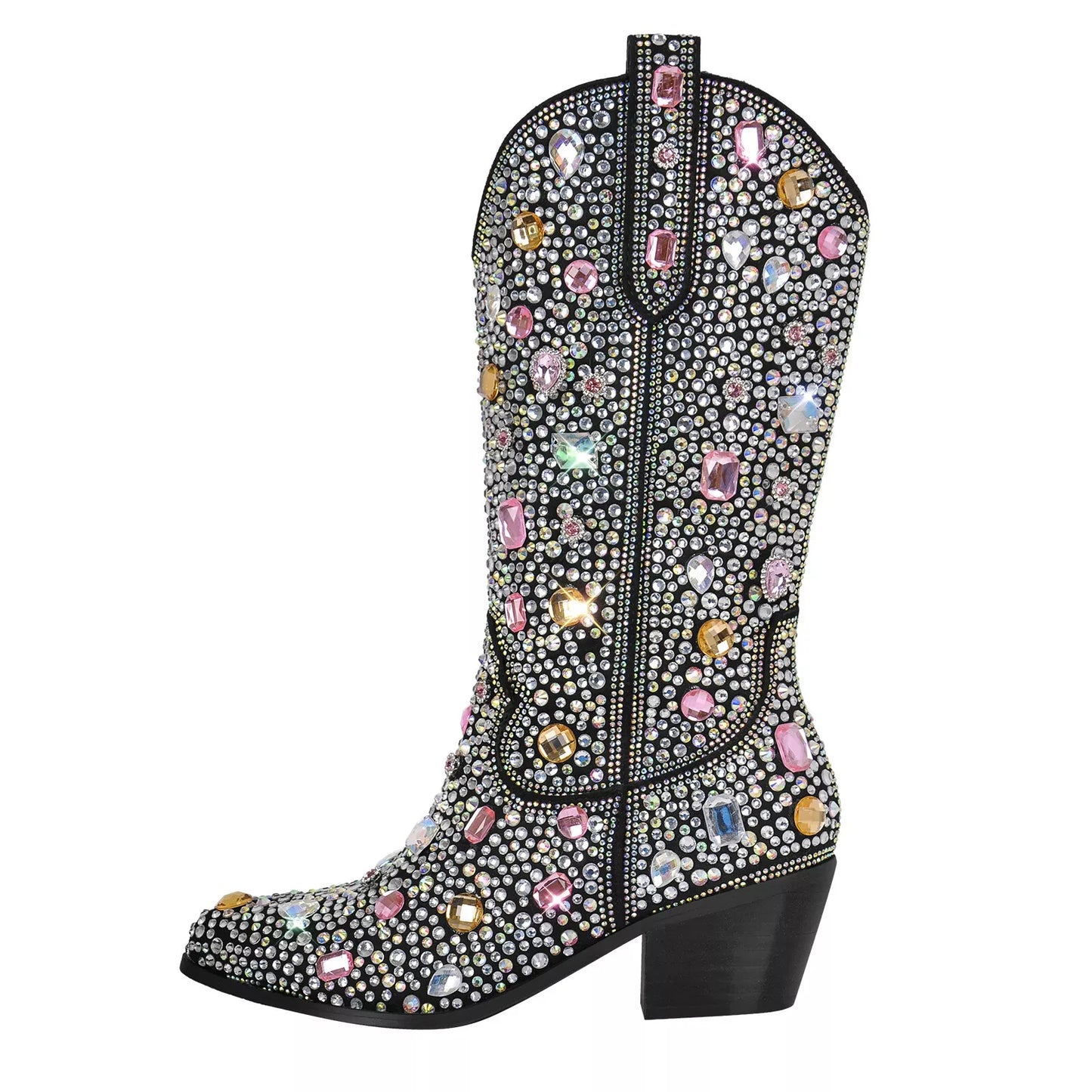 New Women's Pointed Toe Mid-Tube Rhinestone Western Cowboy Boots