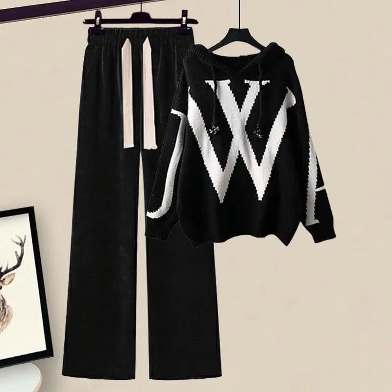 Casual Sweater Waist Cinching and Slimming Wide Leg Pants Two-piece Set