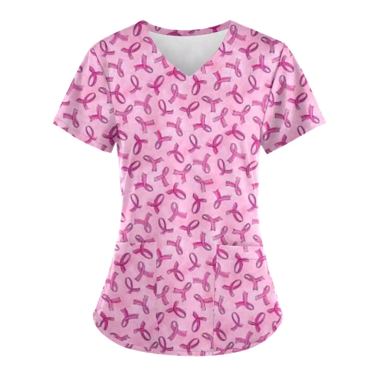 Pink Ribbon Cancer Fighter Women's V Neck Short Sleeve Tops with Pockets Scrubs