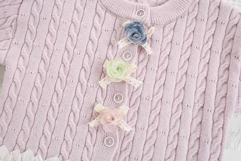 Girls Cardigan with Lace Hem Knitted Sweater Set