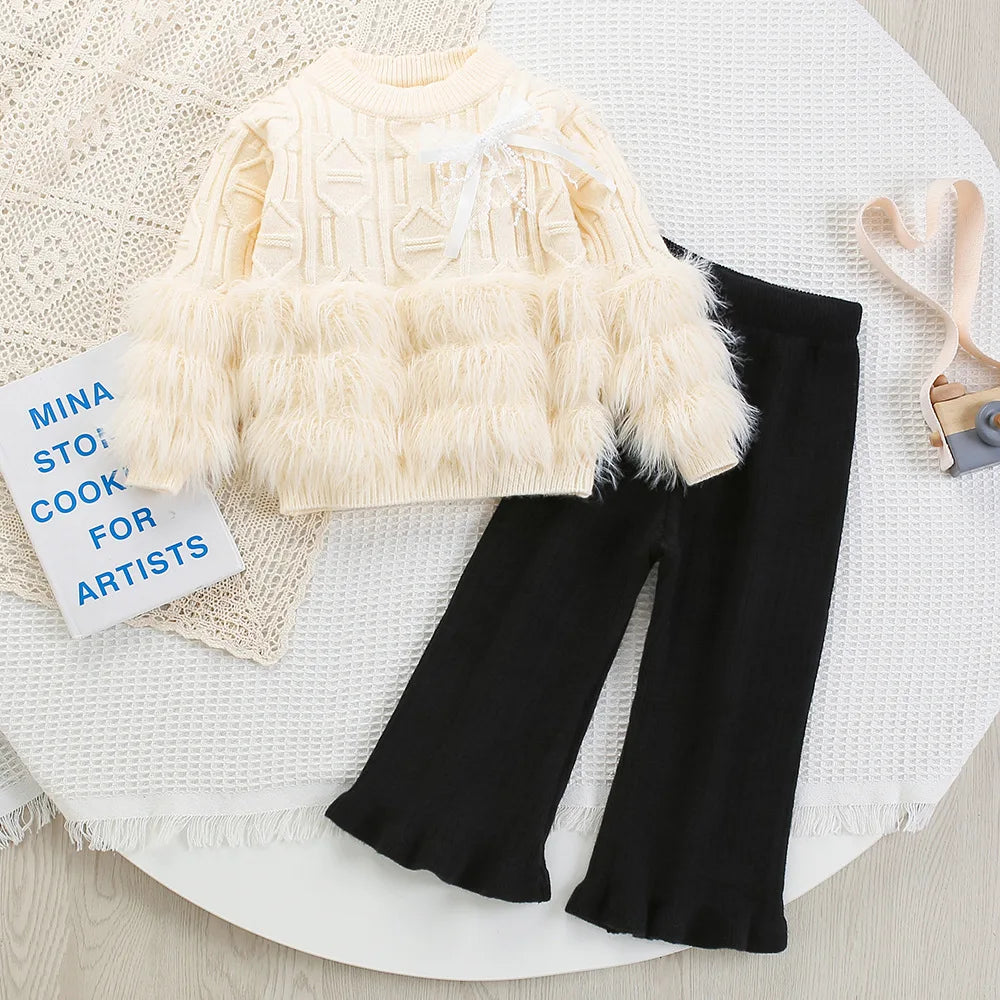 2025 Children Woolen Jersey Sweaters Tops with Fringe Hem Pants Set