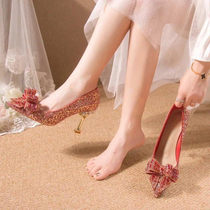 Rhinestone Bow Pump with Decorative Heel