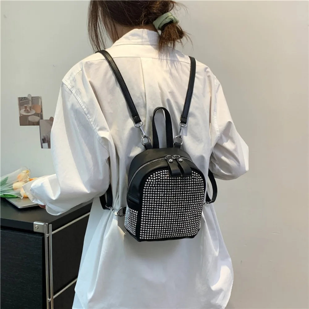 Rhinestone Leather Adjustable Zipper Mini Backpack