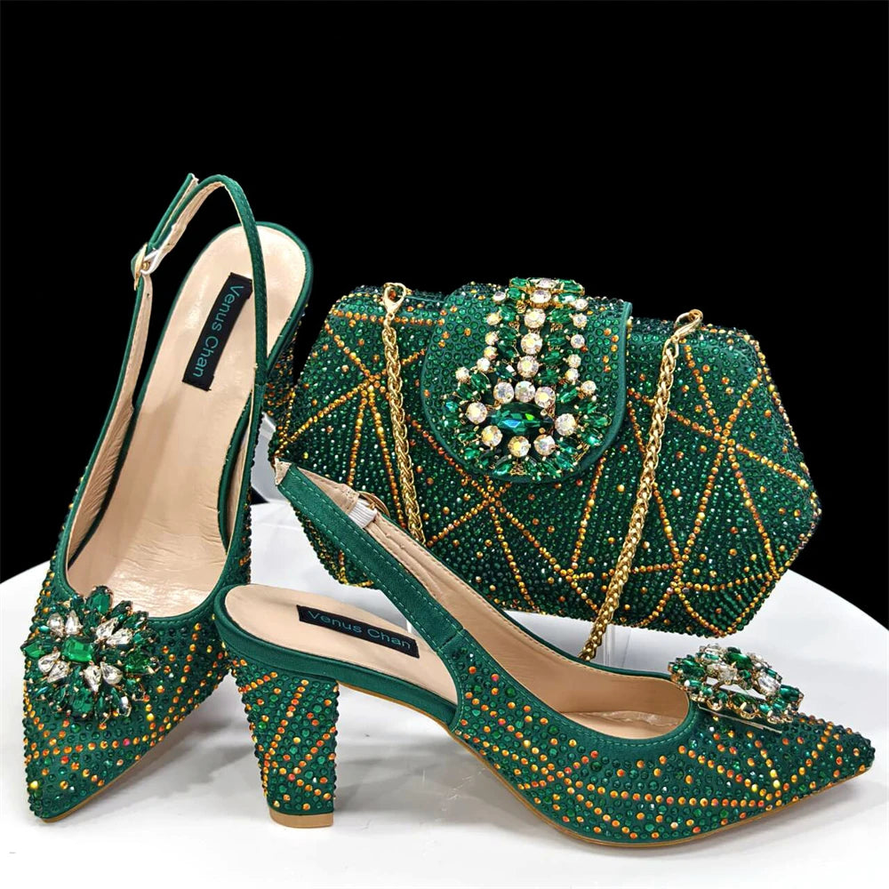 Italian Design Slingback Shoes And Bag Set Decorated with Rhinestone