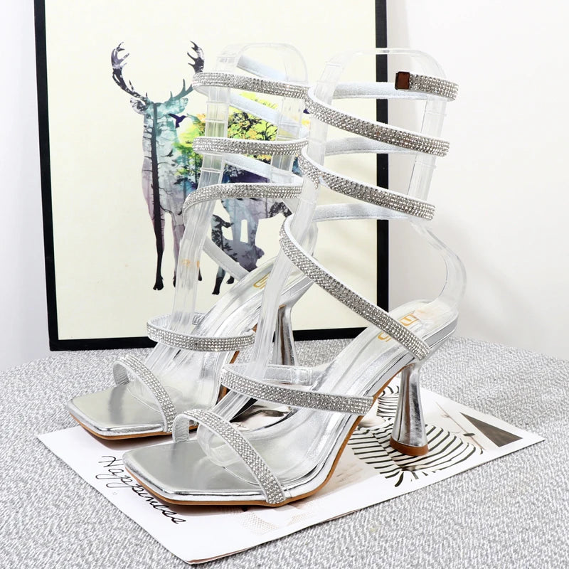 Rhinestone Spiral Strap High-Heeled Sandals