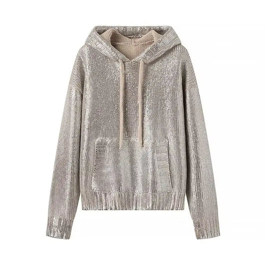 Plus Size Hooded Metallic Long-Sleeved Sweater