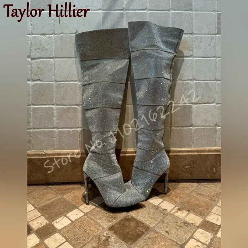 Rhinestone Stitching Over The Knee Boots Women'S Pointed Side Zipper Blingbling Long Boots Fashion Nightclub Dinner Modern Boots