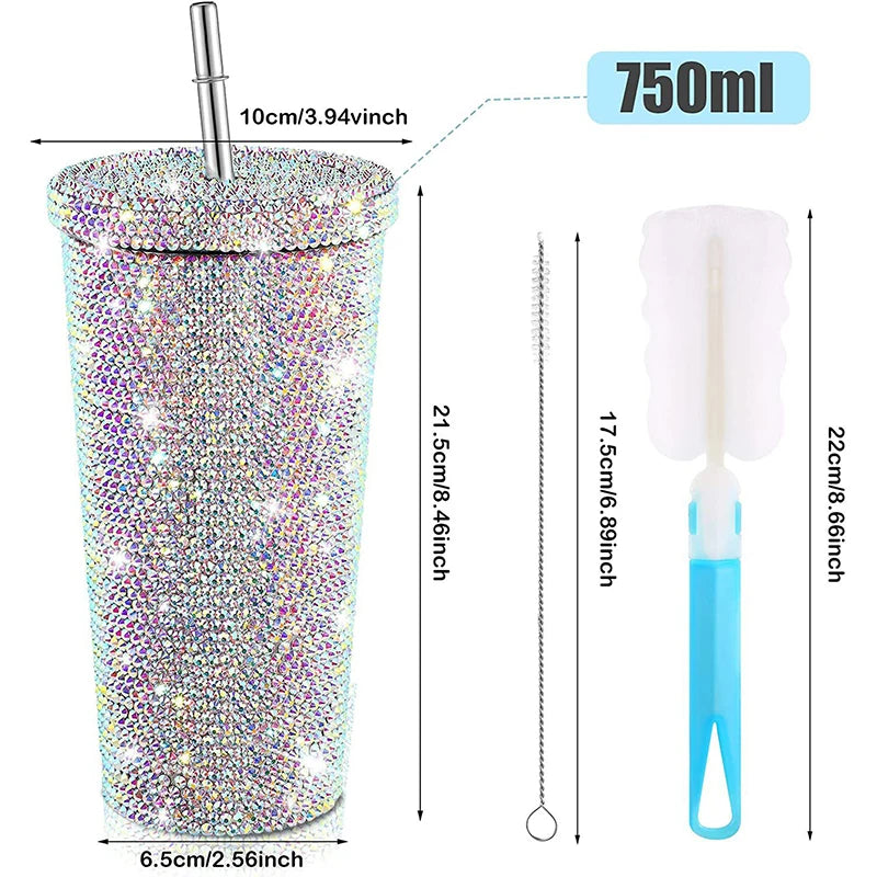 500ml Straw Cup With Lid Reusable Rhinestone Stainless Steel Double Layer Thermos Cups