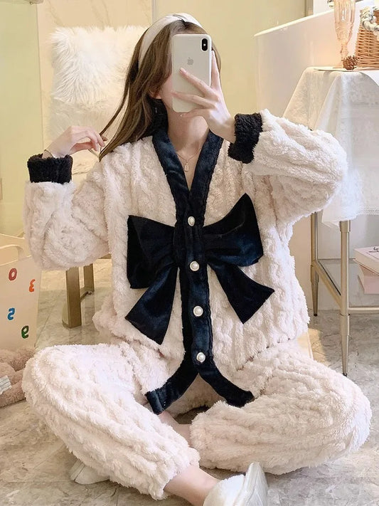 2Pcs Bow Long Sleeve Cardigan V-neck Pajama Sets