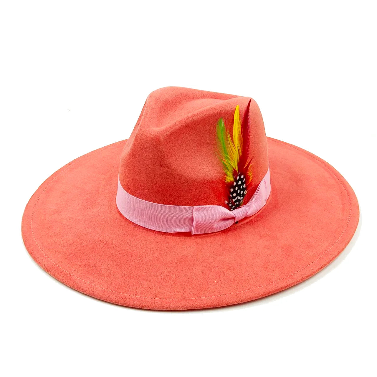 Wide Brim Feather Suede Fedora Hat Heart Top 9.5cm