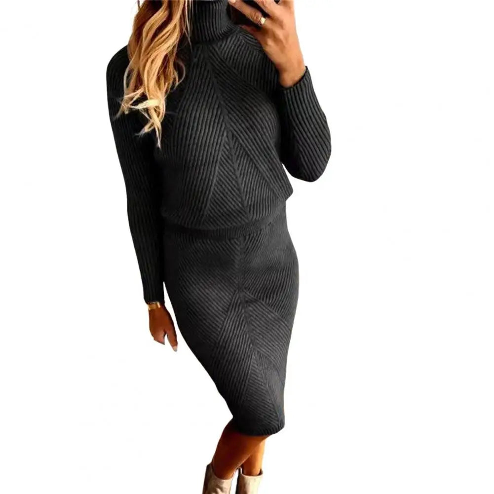 2 Pcs  Turtleneck Sweater Skirt Set