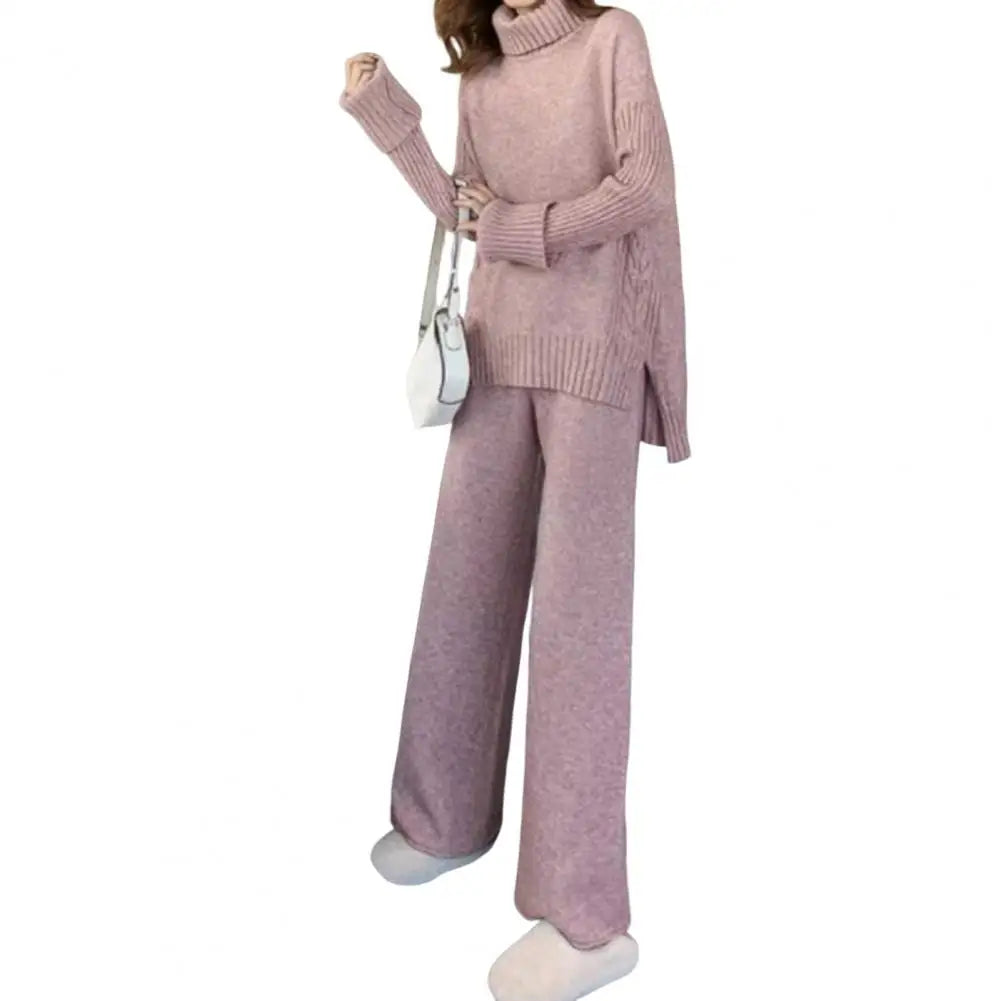 2Pcs Turtleneck Sweater Straight Wide Leg Pants Set