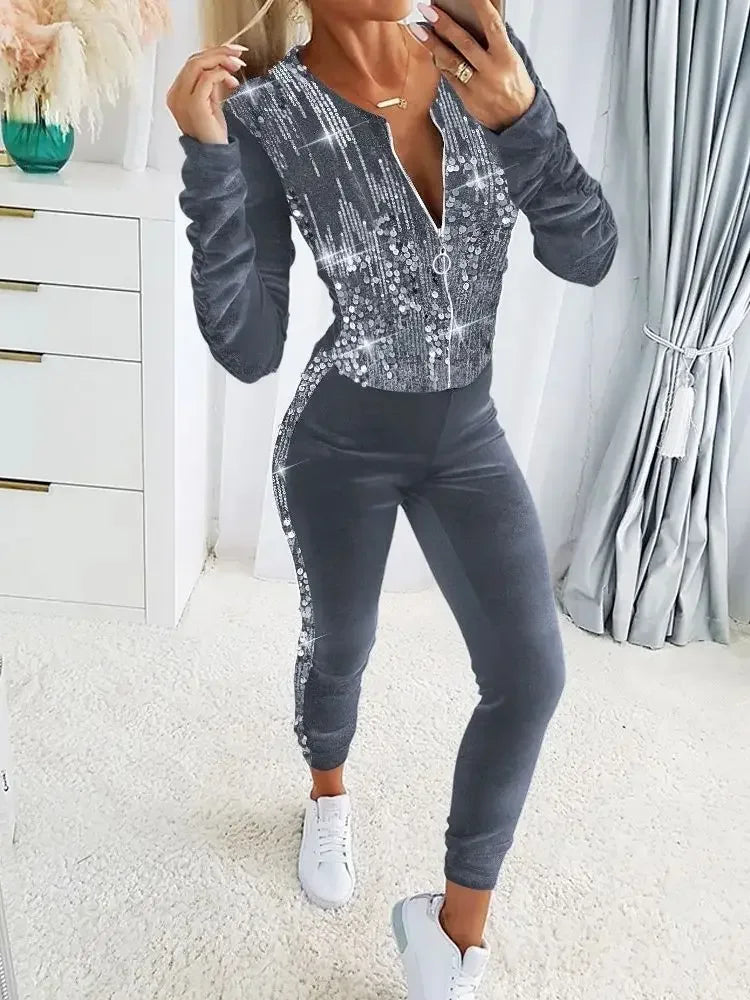 Velvet Casual Contrast Sequin Tracksuits