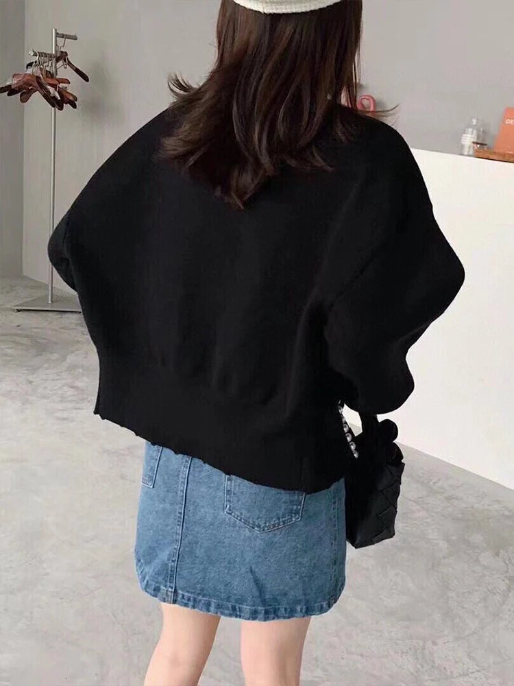 Pearl Trim Long Sleeve Loose Warm Casual Sweater Coat