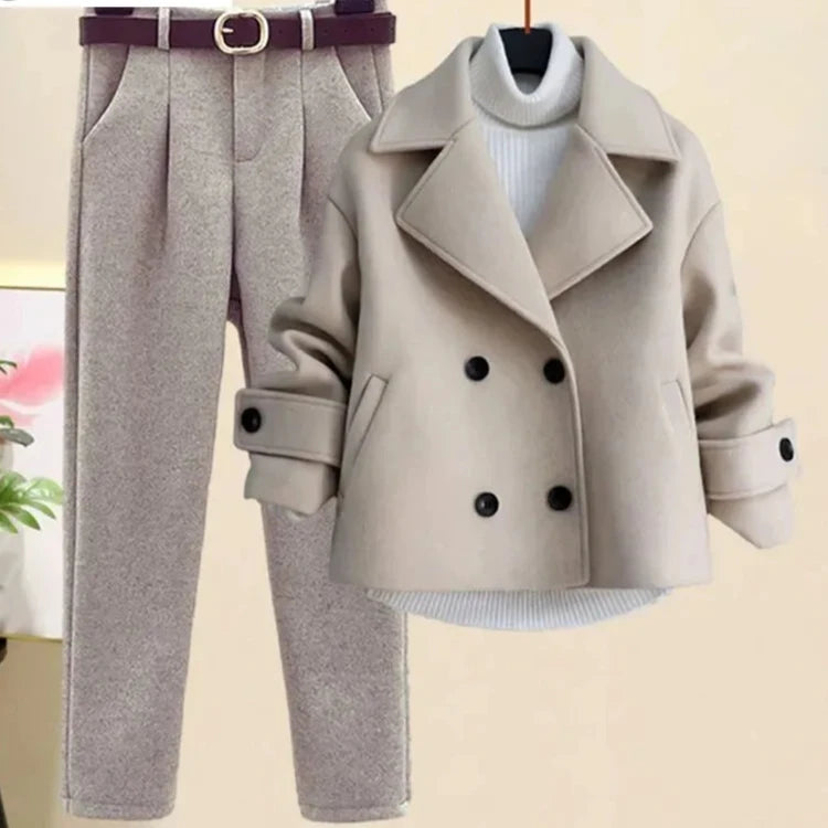 Winter Wool Suit Jacket Jacket Long Sleeve Knitted Sweater Casual Trousers Three Piece Set