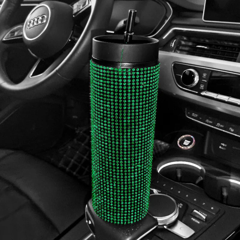 480ml Bling Plastic Coffee Mug Cup With Lid With Straw in Sparkling Rhinestones