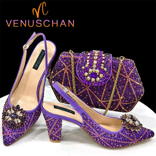 Italian Design Slingback Shoes And Bag Set Decorated with Rhinestone