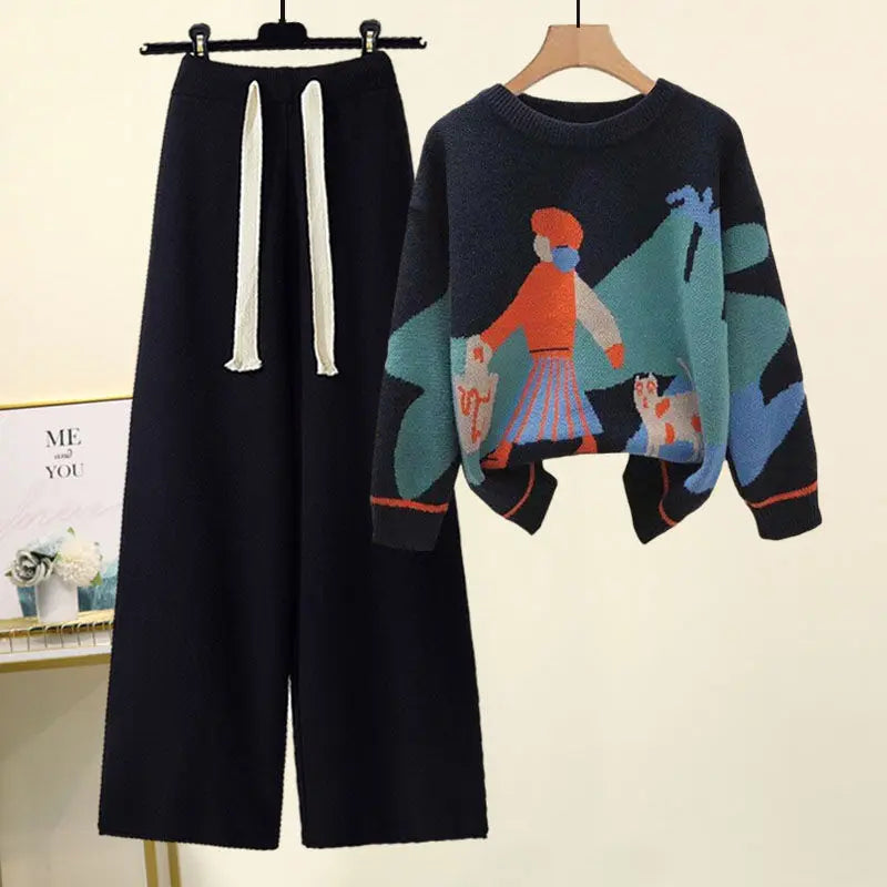 Printed  Knitted Sweater Loose and Slimming Casual Pants Two Piece Set
