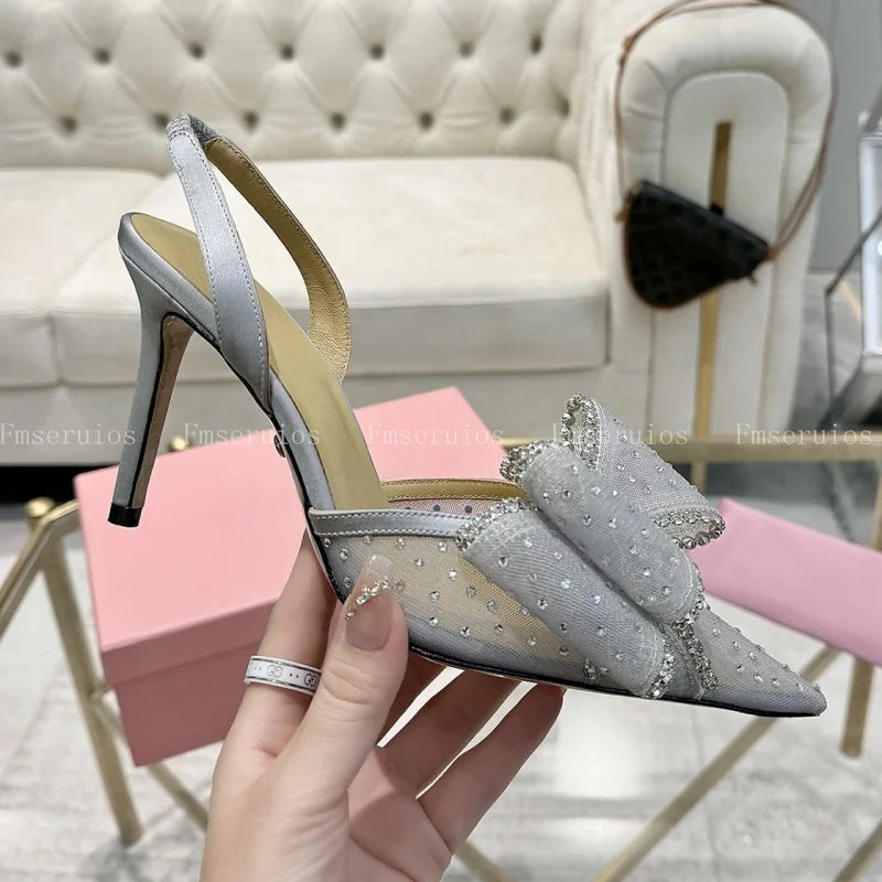 Pointed Toe Stiletto Heel Mesh Rhinestone Bow Elegant Slingbacks