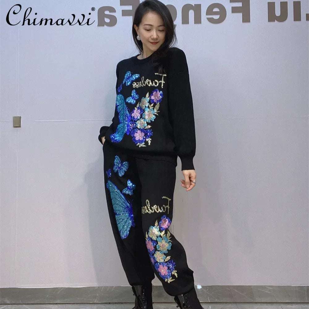 Knitted Crew Rhinestone Pullover Sweater Pants Sports Two-piece Set